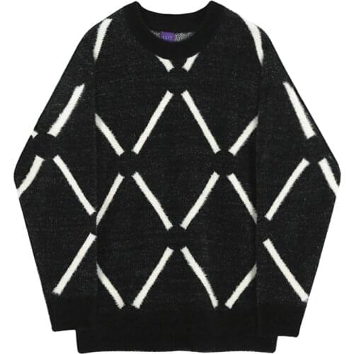 Thickened Pullogers Tops Round Collar Plush Plaid Sweater Mens Autumn Winter Korean Fashion Loose Vintage Kintwear