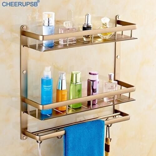 Bathroom Vintage Gold Shelf Wall Mount Bath Towel Hanger Space Aluminum Support Dual Tier Shelves Bathroom Shower Accessories