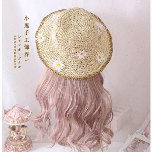 Japanese Straw Hat Lace Sweet Flat Top Cap Sunhat Pastoral Style Small Fresh Girls Cute Daisy Female Beach Hat Strawhat Cosplay