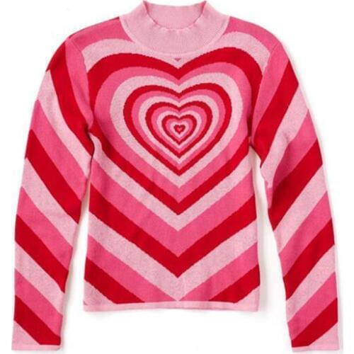 Love heart pattern sweater Color matching rainbow pullover womens autumn lazy oaf Retro High collar Slim knitted shirt s518