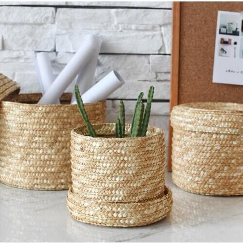1Pcs Natural Straw Wheat Desktop Storage Basket Box With Lid Toys Sundries Underwear Clothing Cosmetics Storage Box Hand Woven