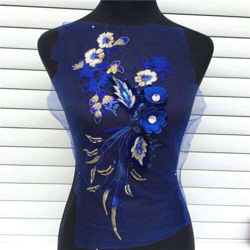 1PC Blue Lace Collar 3D Embroidered Sequins Flower Floral Patches Sew-on Appliques For Wedding Dress Decor DIY Material