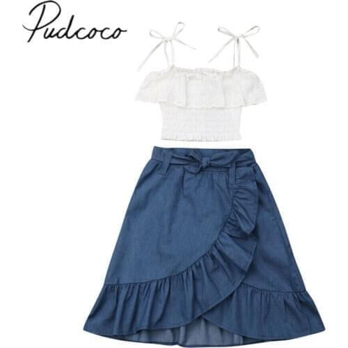 2019 Baby Summer Clothing 2-7Y Infant Kids Baby Girls Princess White Sling Lace Off Shoulder Top+Ruffle Denim Skirt Outfits Sets