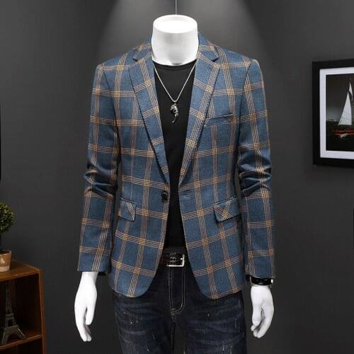 2021 Brand Men Blazer Personality Wild Mens Suit Jacket High Quality Fashion Plaid Print Slim Fit Warm Blazer Coat Male S-5XL