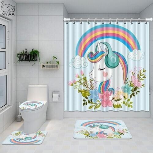 White Unicorn Decor For Girls Bathroom Set Funny Rainbow Waterproof Shower Curtain Toilet Cover Mat Non Slip Rug Baby Decor