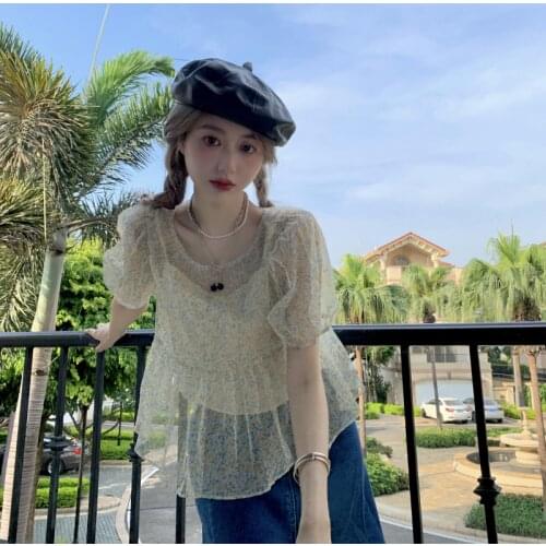 Blouse Women French Round Neck Floral Short-sleeved Shirt Female Design Sense Niche Summer New Loose Casual Top