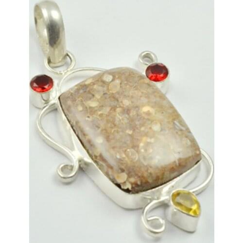 Turtella Jaspers & Garnets Pendant Silver Overlay over Copper , 65 mm, P2842