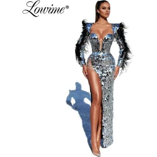 Black Feathers Sparkly Sequins Turkish Kaftans High Split Side Mermaid Robe De Soiree Aibye 2020 Dresses Woman Party Night Gowns