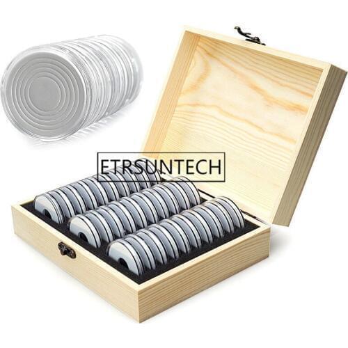 20pcs Wood Coin Holder Coins Ring Storage Box 20/30/50/100 Coin Capsules Accommodate Collectible Commemorative Coin Box