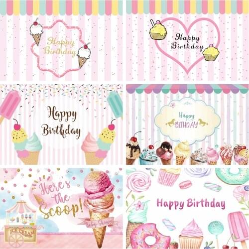 Laeacco Birthday Baby Shower Backdrops Pink White Stripes Ice Cream Children Kids Newborn Photography Backgrounds Photo Studio