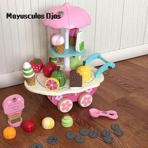 Toy Play House Ice Cream Simulation Candy Ice Cream Small Trolley Girl Gift Set Childrens Wooden Toys