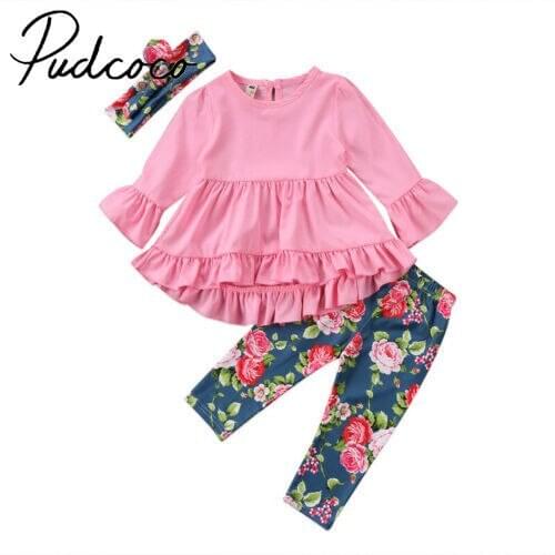 3pcs Toddler Kids Baby Girl Tops Dress + Floral Pants Leggings + Headband Outfits Set