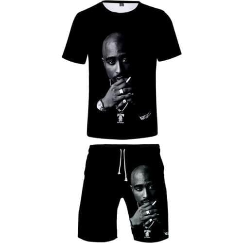Tupac Amaru Shakur Two Pieces Sets Men 3D T Shirts+Shorts Suit Men Summer Tops Tees Rapper Tupac Fashion T-shirt Men Clothing