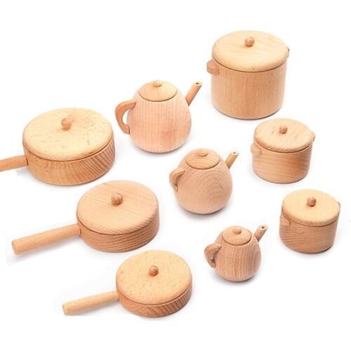 Mini Wooden Play House Toy Cute No Paint Simulation Kitchen Beech Wood Baby Large Medium And Small Teapot Bowl Pot Pan Toy Gift