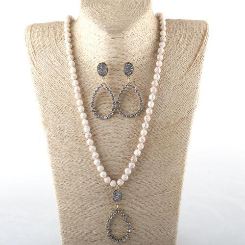 Fashion Jewelry Set White Stone / White Glass Long Knotted Crystal Drop Necklace Earring set