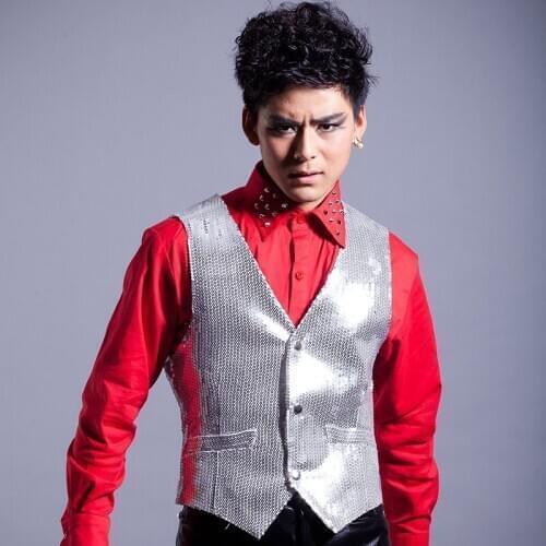 Fashion Slim Vest Male Singer Host Suit Nightclub Bar Stage Performance Jazz Dance Costume One Pieces Silver Sequin Vest DWY2707