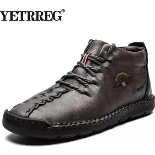 2019 New Fashion Men Boots High Quality Split Leather Ankle Boots Warm Fur Snow Boots Plush Lace-Up Winter Shoes Plus Size 38~48