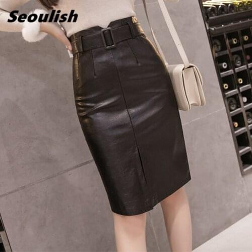 Seoulish 2021 Autumn Winter Black PU Leather Pencil Midi Skirts High Waist Split OL Elegant Sheath Wrap Skirts with Belt Female