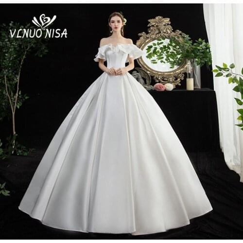 Hot Sale Korean Plain Boat Neck Vestidos De Novia 2020 Wedding Dress Fashion Flare Sleeve Backless Off The Shoulder Ball Gown