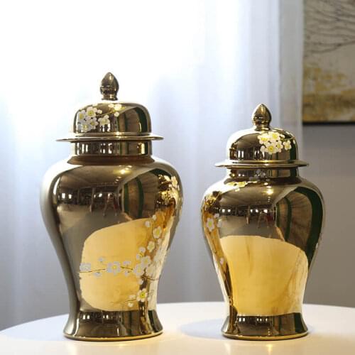 Gold Plating Ceramic Vases Painted Plum Blossom Decorative Plant Pots Living Room Desktop Flower Vase European Home Decoration