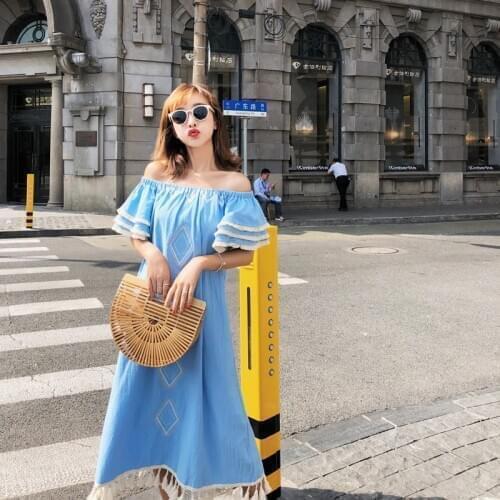 Holiday One-Shoulder Embroidered Dress Spring 2020 New Loose Tassel Short-Sleeved Ethnic Style Cotton Linen Dress