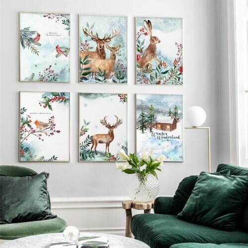 Christmas Snow Landscape Animal Silhouettes Elk Bird And Flower Canvas Painting Wall Pictures Posters Living Room Decoration