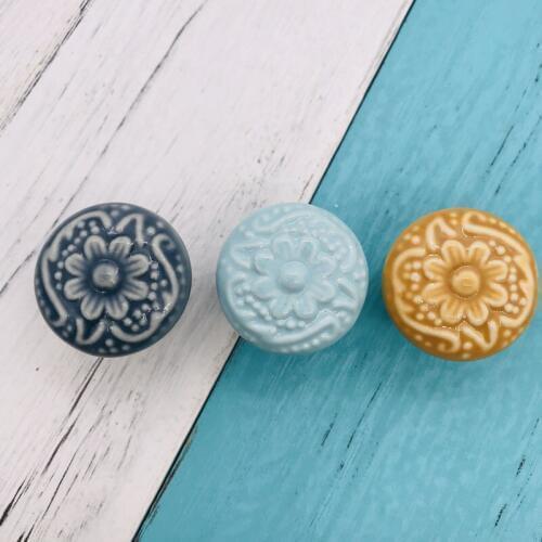5Pcs Blue Round Relief Ceramic Cabinet and Furniture Knobs Pulls Znic Alloyed Base Drawer Handles Door Hardware Knob