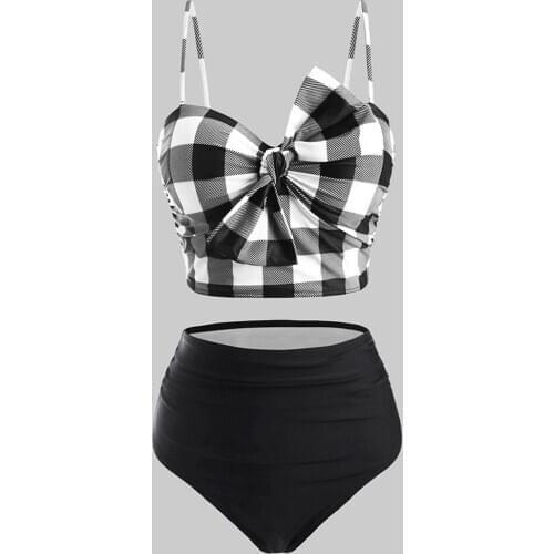 Sexy Checkered Bikinis Women 2021 New Front Bowknot Swimwear High Waist Swimsuit Bathing Suits Beach Wear Biquini Female #T2G