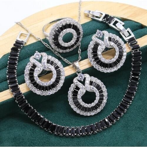 Silver Jewelry Set For Women Wedding Luxurious Black Crystal Bracelet Earrings Necklace pendant Ring Birthday Christmas Gift