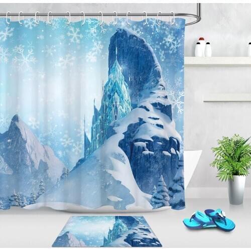 Fantasy Fairytale Castle Shower Curtain Children Decor Winter Snow Mountain Ice Crystals Bathroom Curtain Set With Bath Mat
