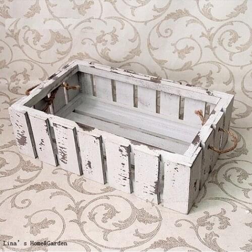 Distressed Old Handmade Solid Wood Crate Basket with Rope Handles