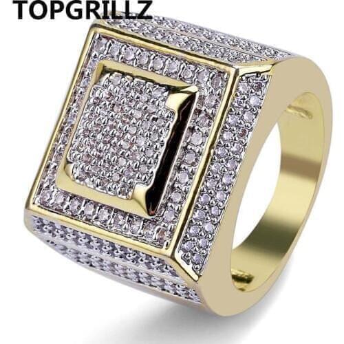 TOPGRILLZ Hip Hop Men Ring Copper Gold Color Plated Iced Out Micro Pave Cubic Zircon Square Rings With 7,8,9,10,11 Five Sizes