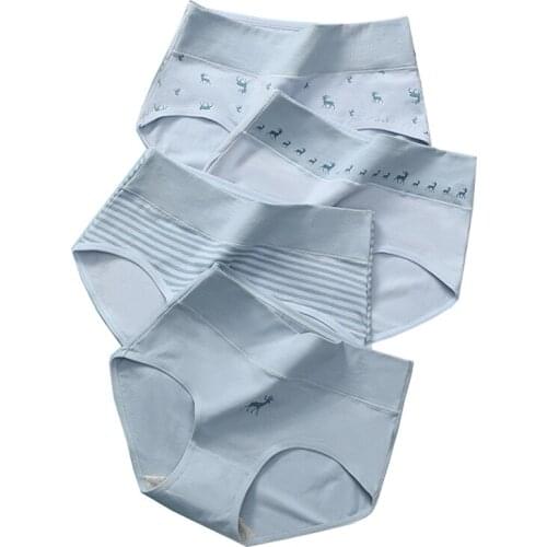 Soft Cotton 4Pcs/set Women Panties High Waist Slimming Underwear Fashion Print Seamless Briefs Sexy Breathable Lingerie M 2XL