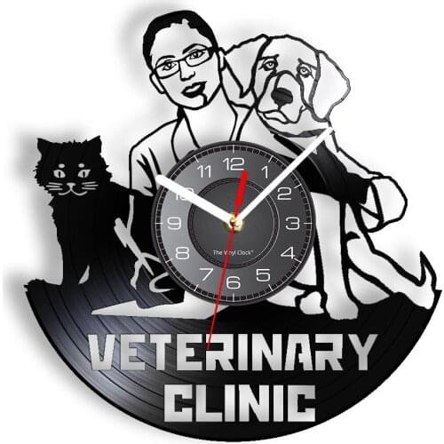 Veterinary Clinic Decorative Wall Clock Cure Dog Cat Pet Animal Hospital LED Light Vinyl Record Wall Watch Hanging Decor For Vet