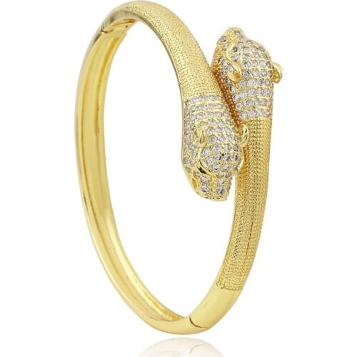 Gold Double Leopard Head Bracelets bangles Punk Hip Hop Jewelry Open Bracelet for Women Copper Zirconia Women’s Jewelry Bracelet