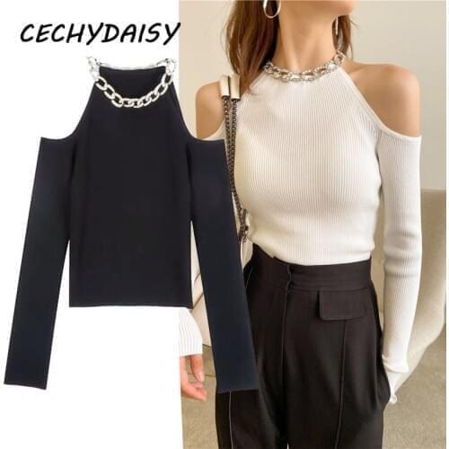 Autumn winter 2020 sexy off-shoulder knitted top long sleeve black white solid ladies Korean clothes sweater pullovers jumper za