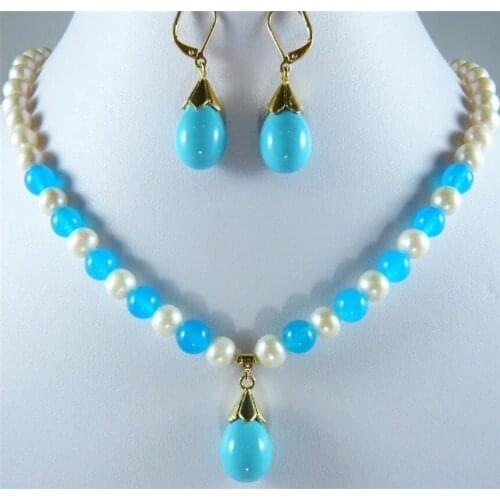 Womens fashion 7-8mm white natural freshwater pearl blue Pendant Necklace Blue Shell Pearl Drop Earrings metal plated jewelry s