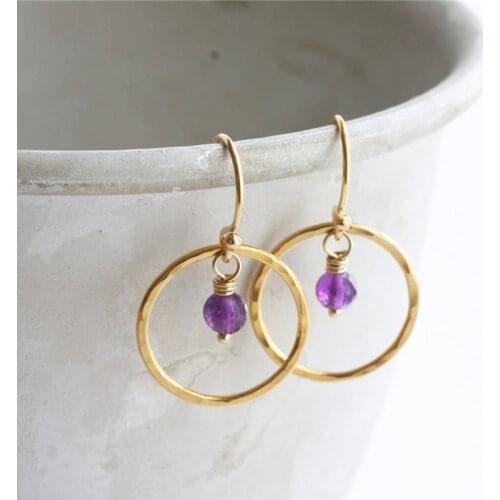 14K Gold Filled Circle Earrings Natural Amethyst Oorbellen Hammered Gold Jewelry Minimalism Brincos Vintage Pendientes Earrings