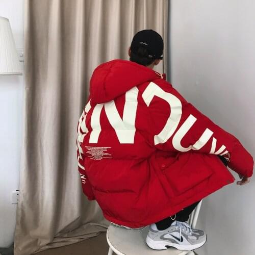 2021 Thick Warm Men Winter Jacket Parka Casual Loose Harajuku Mens Oversized Parkas Coats Hooded Print Red Clothes Streetwear