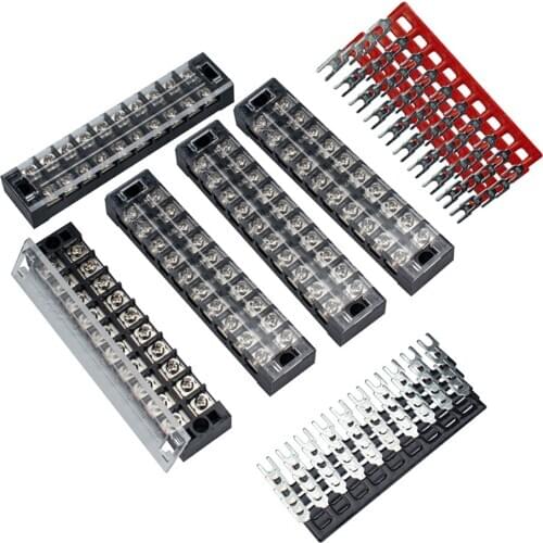 5 Pcs Dual Row 10 Position Screw Terminal Strip 25A 600V + 10 Postions Pre Insulated Terminal Barrier Strip Red / Black 10 Pcs