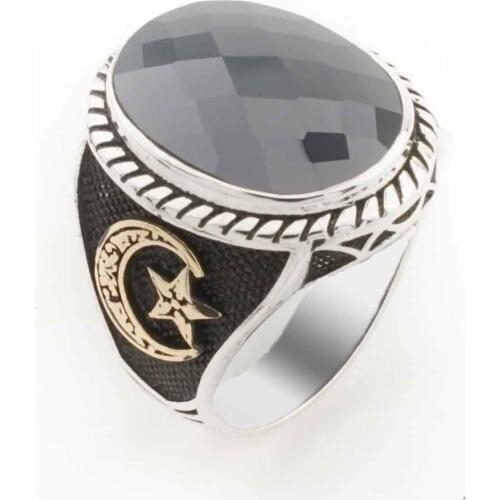 925 sterling Silver Zircon Stone Moon star Detailed Male Ring