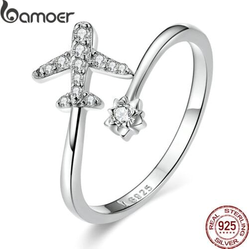 Bamoer Genuine 925 Sterling Silver Flying Plane Open Finger Rings for Women Clear CZ Adjustable Rings Fine Jewelry Bijoux SCR623