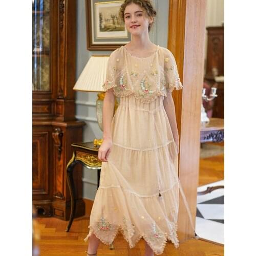 Bohemian Women Summer Elegant Long Dress Ladies Vintage Retro Beach Casual Loose Embroidery Lace Cape Collar Vacation Dress2020