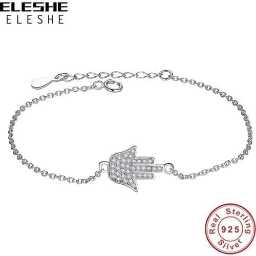 Authentic 925 Sterling Silver Hamsa Hand Paved CZ Crystal Adjustable Chain Bracelet for Women Brithday Party Fine Jewelry