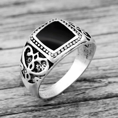 Black Square Enamel Rings Vintage Men Heart Imitation Stone Rings Fashion Jewelry Party Gift Size 8 -11