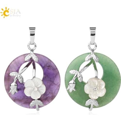 CSJA Natural Stones Pendant for Necklace Round HollowEngraved Flower Leaf Pink Quartz Onyx Crystal Donut Bead Reiki Jewelry G384