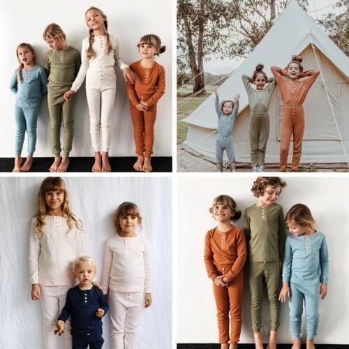 Kid Ribbed Fitted Pajamas Top and Pants Sets Unisex Boys Girls Clothes Toddler Clothing PJ Sleepwear Nightwear