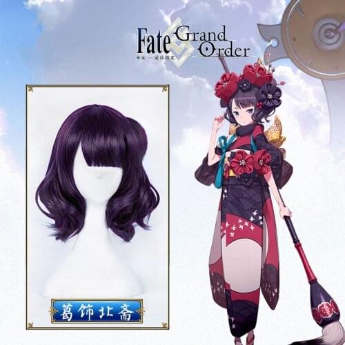 Fate/Grand Order Fgo Katsushika Hokusai Cosplay Wig 35Cm Short Curly Wavy Heat Resistant Synthetic Hair With A Bun Purple Wigs