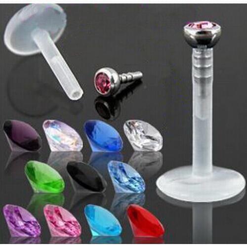 2 piece 16G Flexible Acrylic Lip ring Colorful Crystal push in Labret Rings ear tragus stud Body Piercing Crystal Gem Rhinestone
