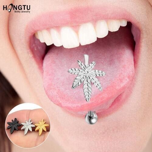 HONGTU 1PC leaf tongue rings Stud Stainless Steel tongue Piercing Barbell Bars Punk Fashion Funny Body Jewelry for Women Girls